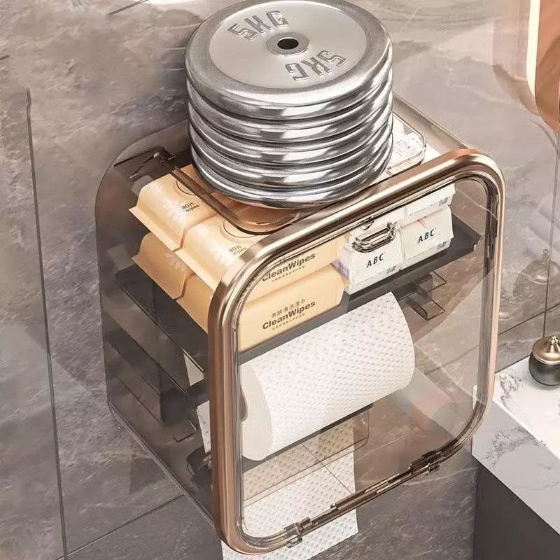 Teste de resistência: caixa organizadora com pesos na tampa, armazenando lenços e rolo de papel higiênico.