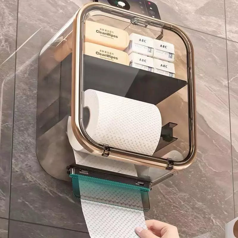 Saída frontal com aba protetora para destacar o papel; caixa fechada mantém o rolo seco e limpo.