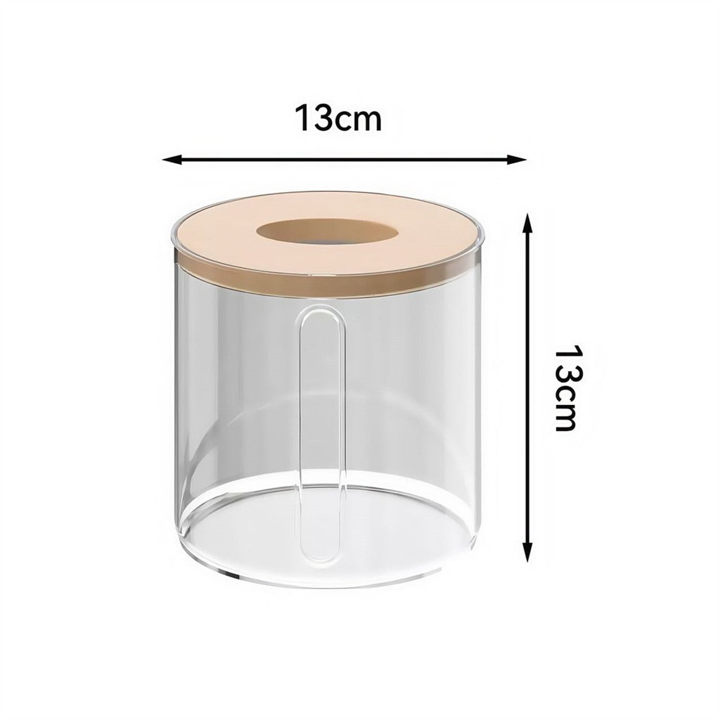 Dimensões do porta papel higiênico transparente com tampa de bambu, medindo 13 por 13 centímetros.