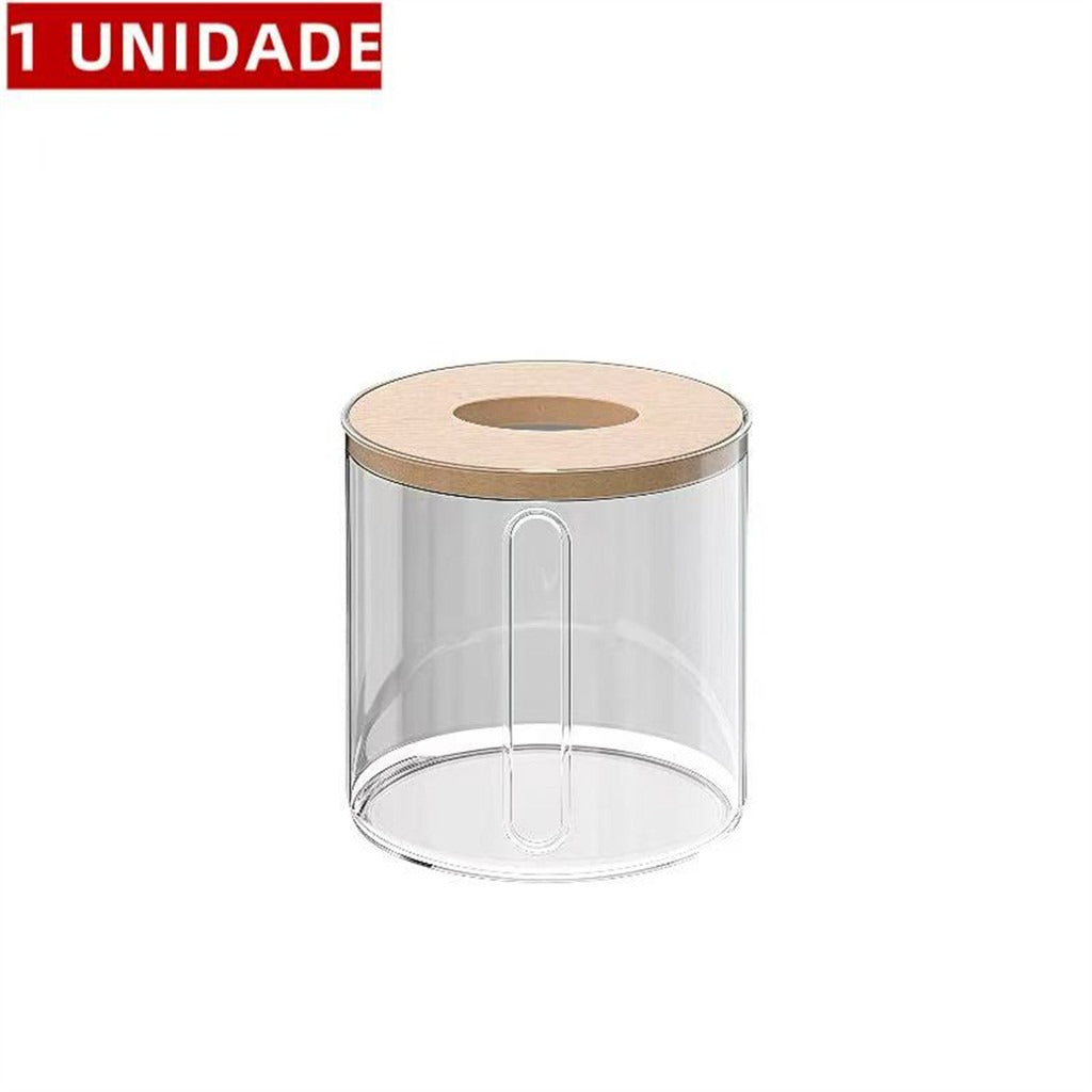 Porta papel higiênico transparente com tampa de bambu em fundo branco, versão unidade única.