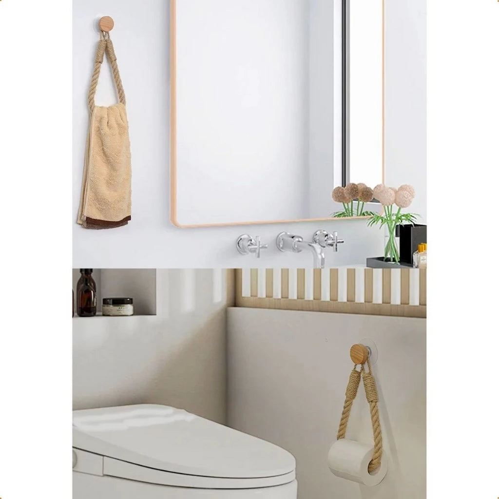 Banheiro com gancho de madeira adesivo; corda trançada segurando toalha e rolo de papel higiênico, estilo rústico minimalista.