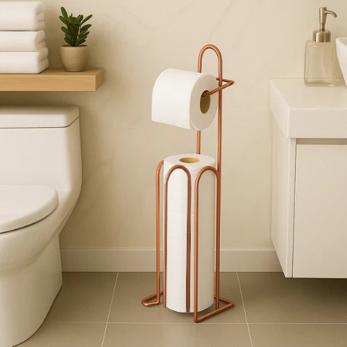 Suporte de papel higiênico de chão cor cobre/rosé com porta-rolos e espaço para reservas, design slim.