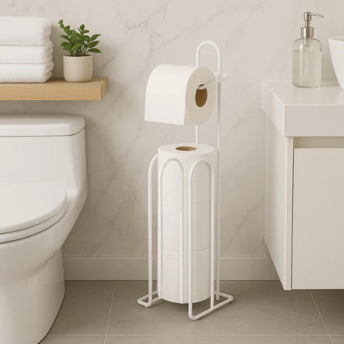 Suporte de papel higiênico de chão branco com porta-rolos e espaço para reservas em banheiro minimalista.