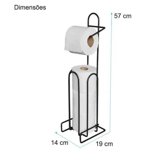 Dimensões do suporte de chão: 57 cm de altura, base 19 × 14 cm; estrutura tubular preta.